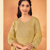 Laxmipati Falak Geometric Foil Print Straight Kurta Set with Trousers & Dupatta in Ochre Yellow Color