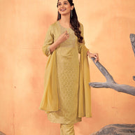 Laxmipati Falak Geometric Foil Print Straight Kurta Set with Trousers & Dupatta in Ochre Yellow Color