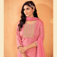 Laxmipati Falak Geometric Foil Print Straight Kurta Set with Trousers & Dupatta in Pink Color