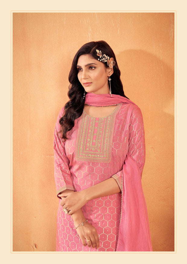 Laxmipati Falak Geometric Foil Print Straight Kurta Set with Trousers & Dupatta in Pink Color