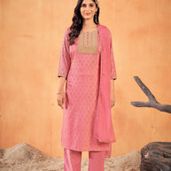 Laxmipati Falak Geometric Foil Print Straight Kurta Set with Trousers & Dupatta in Pink Color