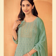 Laxmipati Falak Geometric Foil Print Straight Kurta Set with Trousers & Dupatta in Green Color