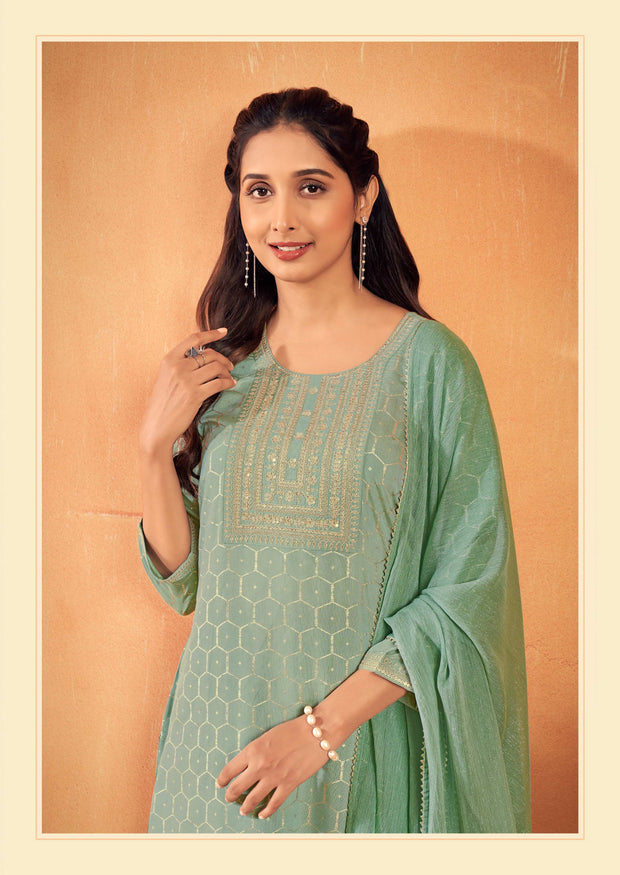Laxmipati Falak Geometric Foil Print Straight Kurta Set with Trousers & Dupatta in Green Color