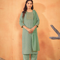 Laxmipati Falak Geometric Foil Print Straight Kurta Set with Trousers & Dupatta in Green Color
