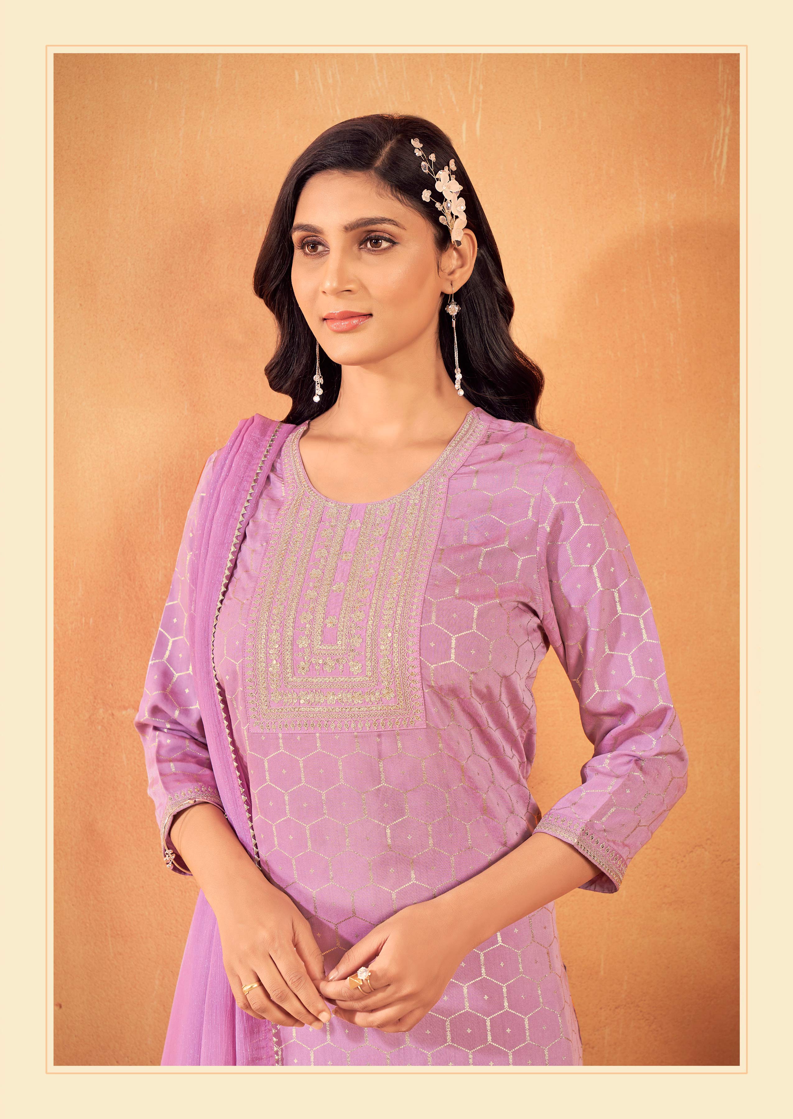 Laxmipati Falak Geometric Foil Print Straight Kurta Set with Trousers & Dupatta in Purple Color