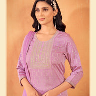 Laxmipati Falak Geometric Foil Print Straight Kurta Set with Trousers & Dupatta in Purple Color