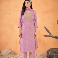 Laxmipati Falak Geometric Foil Print Straight Kurta Set with Trousers & Dupatta in Purple Color