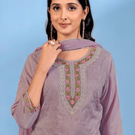 Laxmipati Bubbly Floral Embroidered Muslin Straight Kurta Set with Trousers & Dupatta in Plum Color