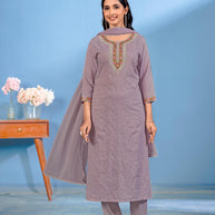 Laxmipati Bubbly Floral Embroidered Muslin Straight Kurta Set with Trousers & Dupatta in Plum Color