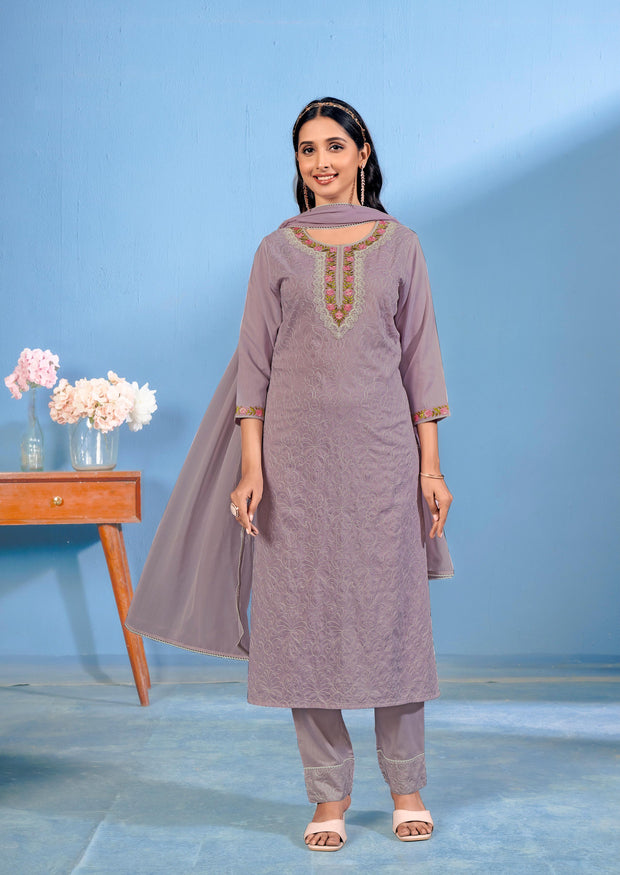 Laxmipati Bubbly Floral Embroidered Muslin Straight Kurta Set with Trousers & Dupatta in Plum Color