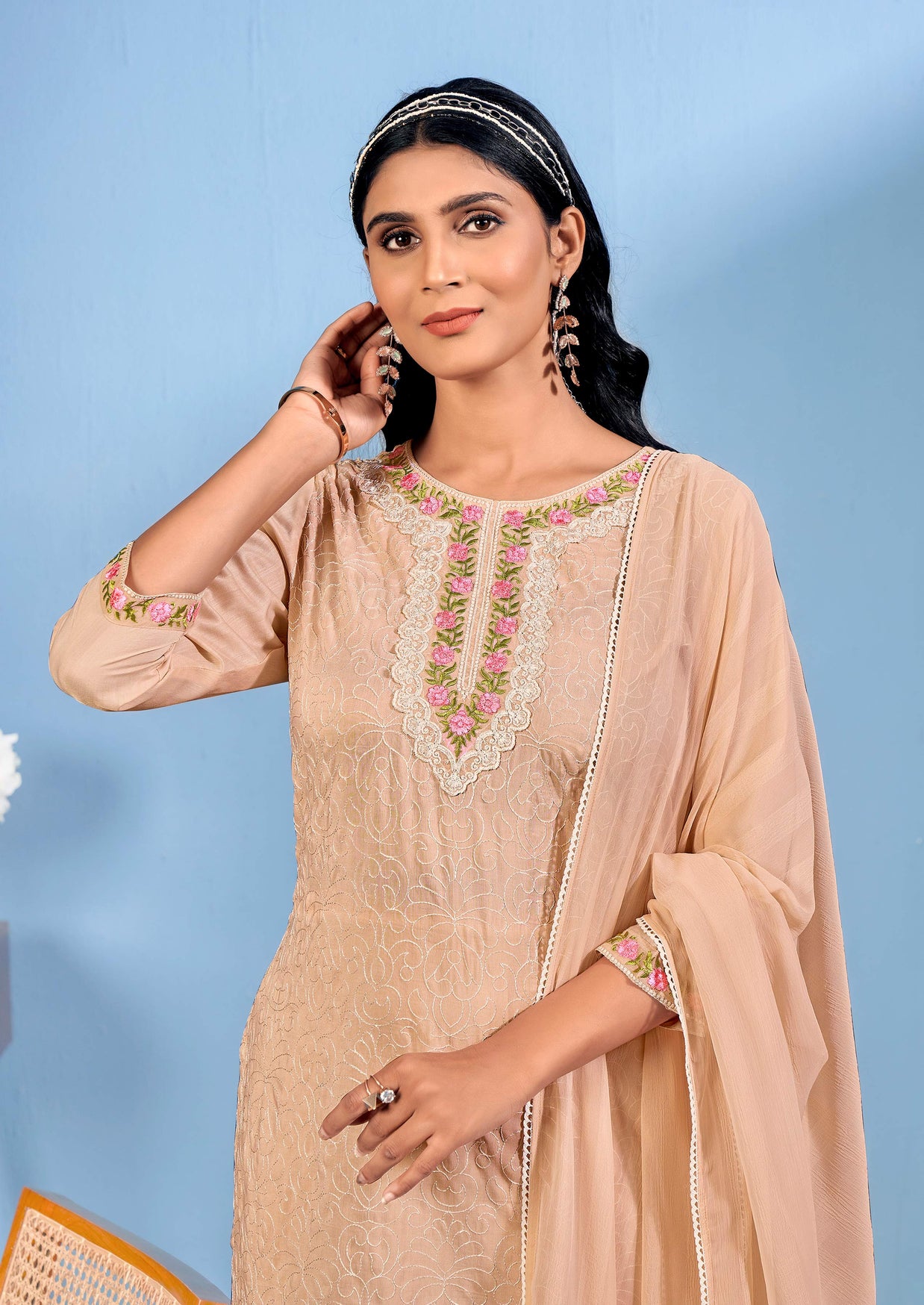 Laxmipati Bubbly Floral Embroidered Muslin Straight Kurta Set with Trousers & Dupatta in Peach Color