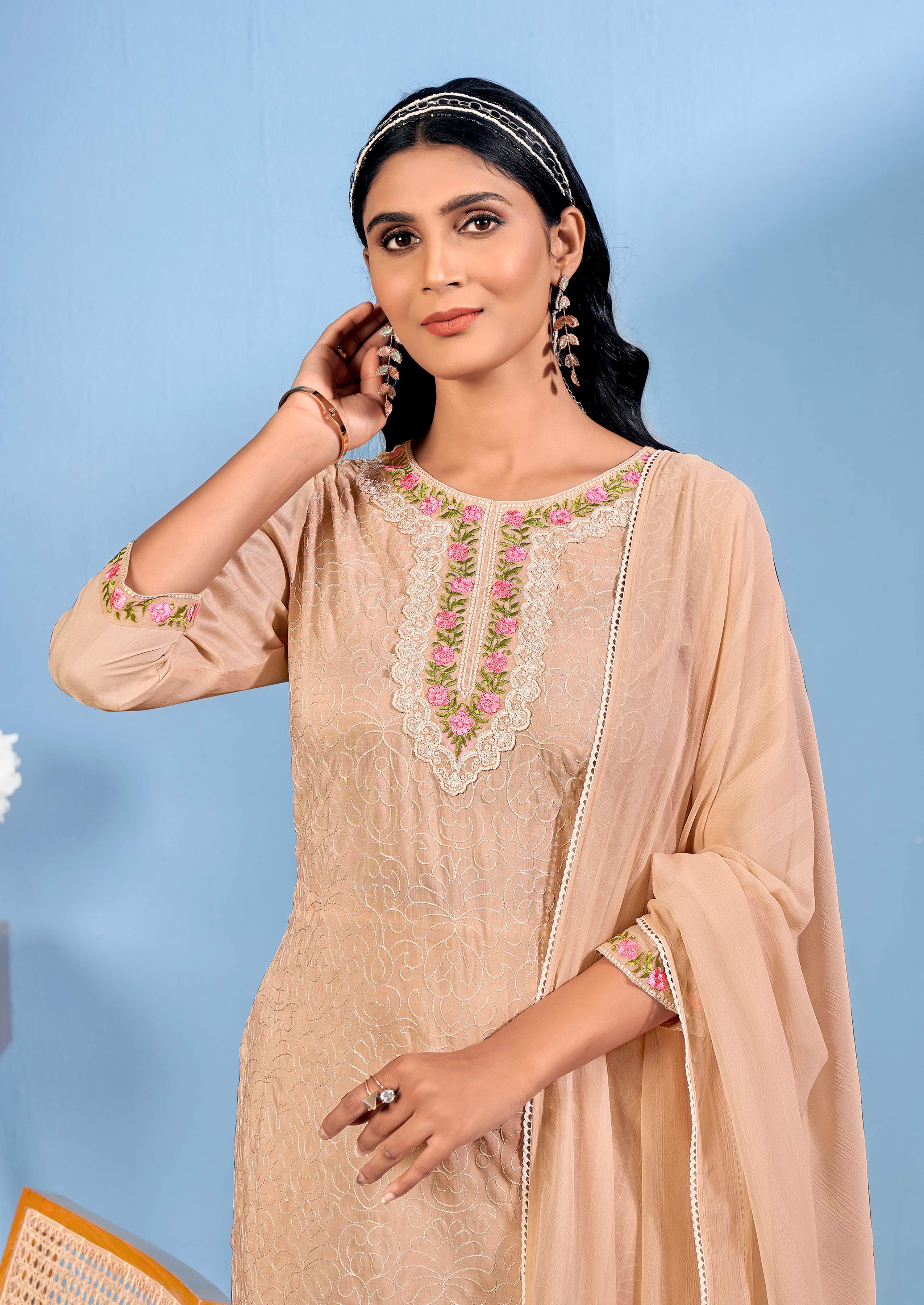 Laxmipati Bubbly Floral Embroidered Muslin Straight Kurta Set with Trousers & Dupatta in Peach Color
