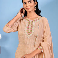 Laxmipati Bubbly Floral Embroidered Muslin Straight Kurta Set with Trousers & Dupatta in Peach Color