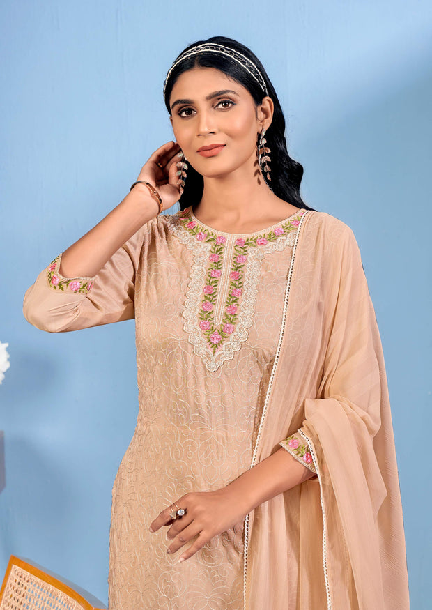 Laxmipati Bubbly Floral Embroidered Muslin Straight Kurta Set with Trousers & Dupatta in Peach Color