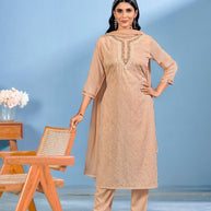 Laxmipati Bubbly Floral Embroidered Muslin Straight Kurta Set with Trousers & Dupatta in Peach Color