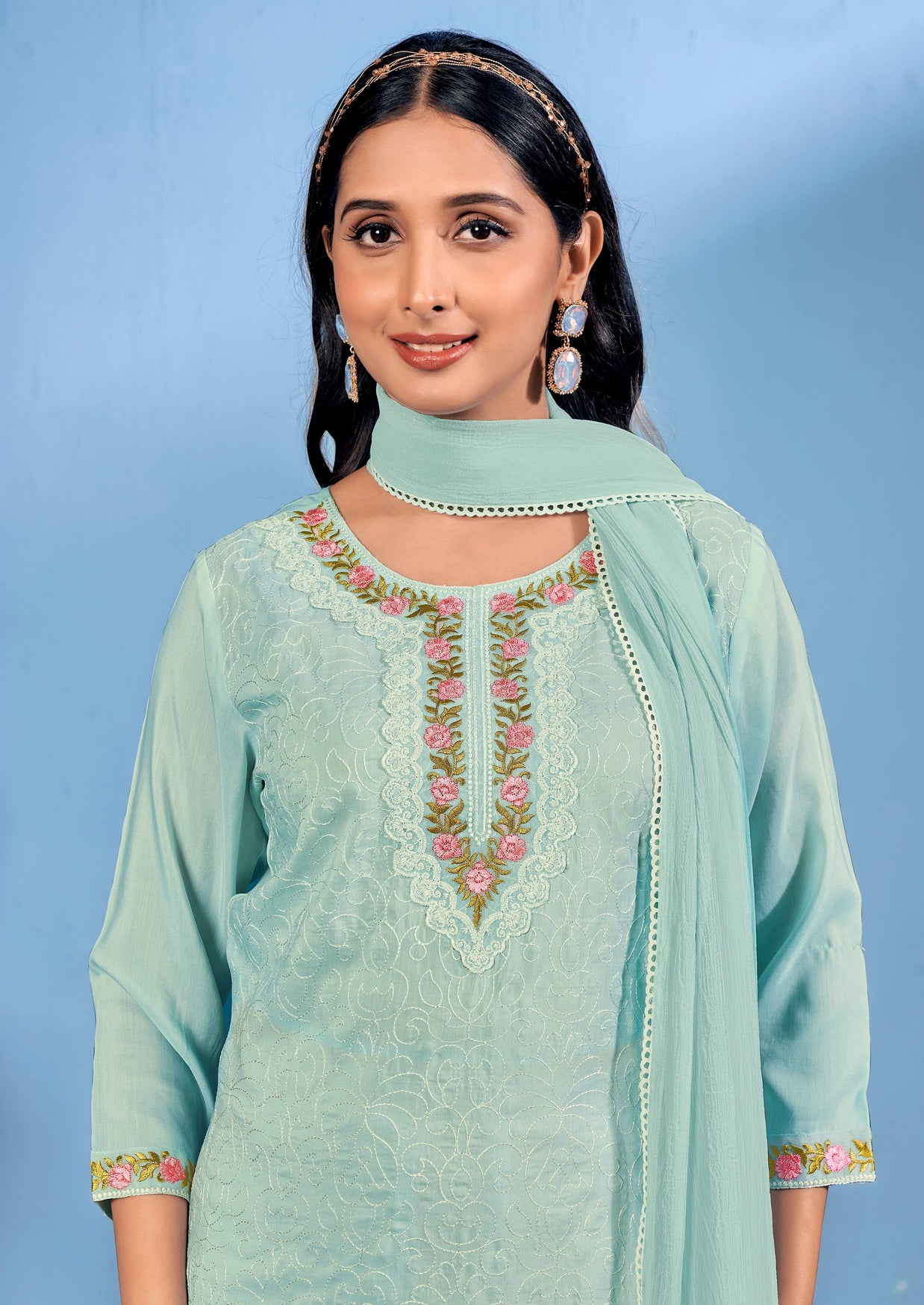 Laxmipati Bubbly Floral Embroidered Muslin Straight Kurta Set with Trousers & Dupatta in Pastel Teal Green Color