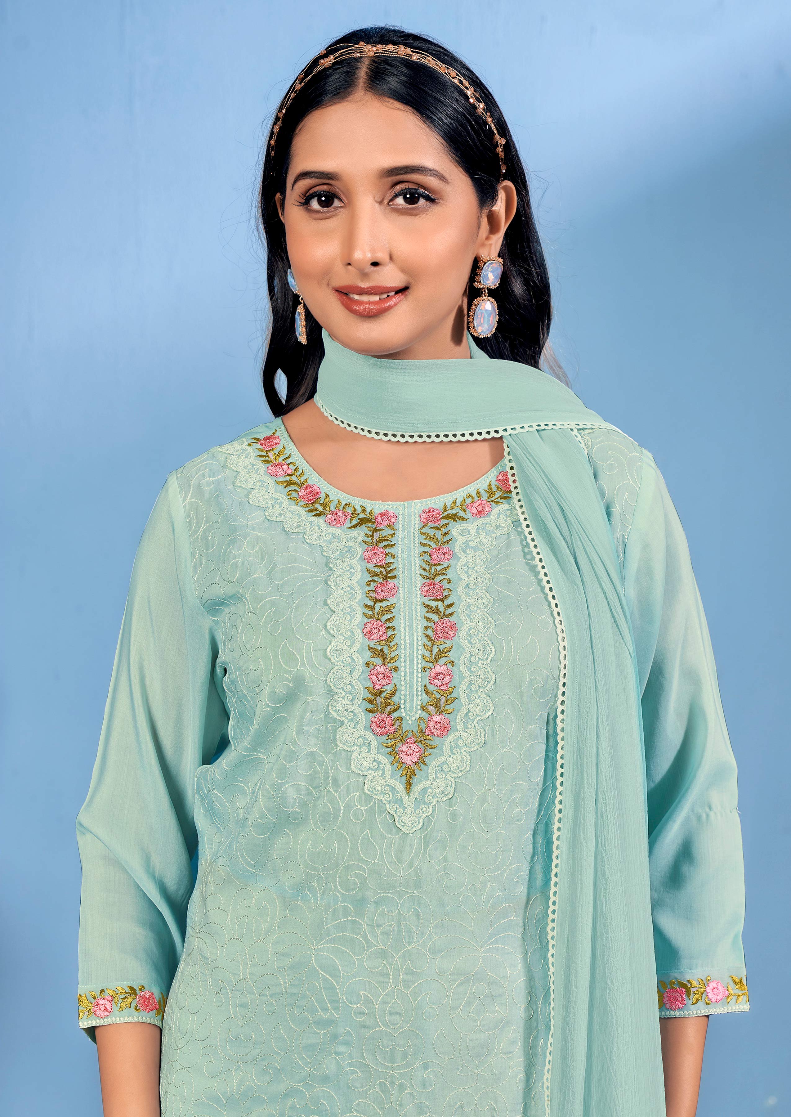 Laxmipati Bubbly Floral Embroidered Muslin Straight Kurta Set with Trousers & Dupatta in Pastel Teal Green Color