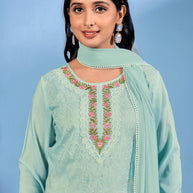 Laxmipati Bubbly Floral Embroidered Muslin Straight Kurta Set with Trousers & Dupatta in Pastel Teal Green Color