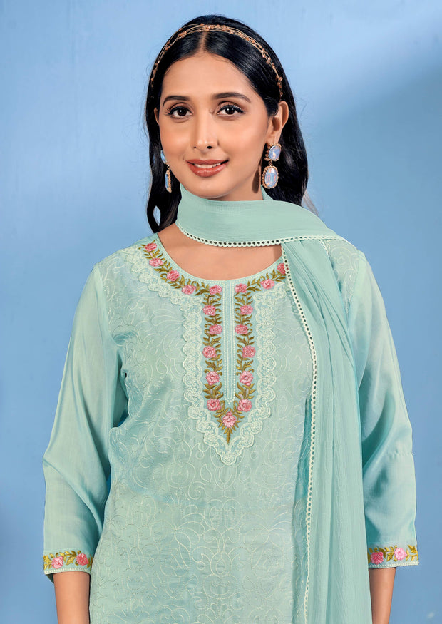 Laxmipati Bubbly Floral Embroidered Muslin Straight Kurta Set with Trousers & Dupatta in Pastel Teal Green Color