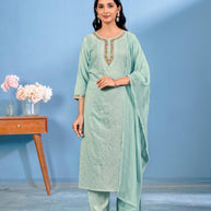 Laxmipati Bubbly Floral Embroidered Muslin Straight Kurta Set with Trousers & Dupatta in Pastel Teal Green Color