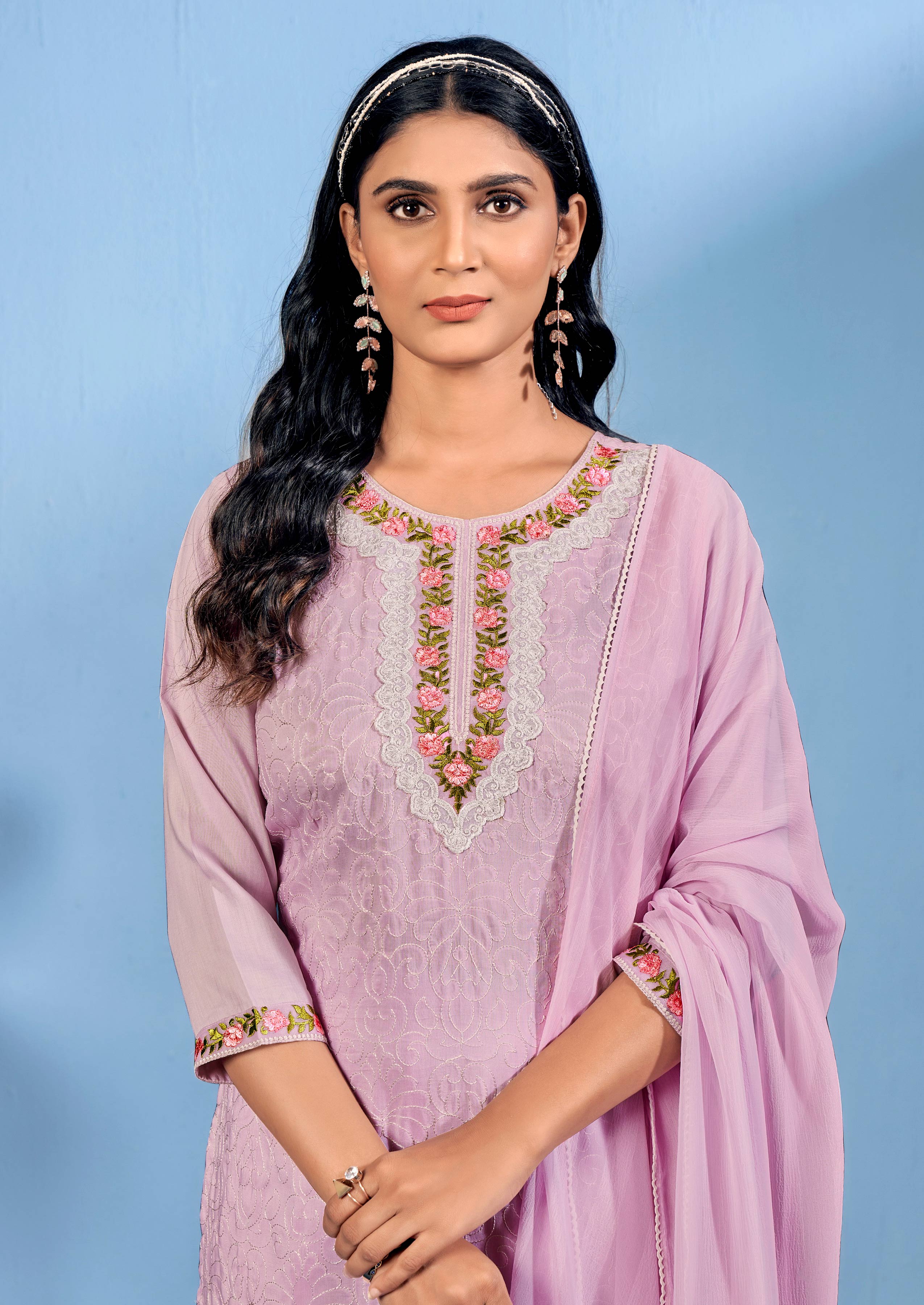 Laxmipati Bubbly Floral Embroidered Muslin Straight Kurta Set with Trousers & Dupatta in Lavender Color