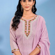 Laxmipati Bubbly Floral Embroidered Muslin Straight Kurta Set with Trousers & Dupatta in Lavender Color