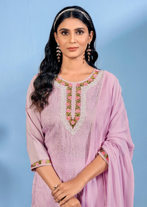 Laxmipati Bubbly Floral Embroidered Muslin Straight Kurta Set with Trousers & Dupatta in Lavender Color