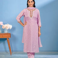 Laxmipati Bubbly Floral Embroidered Muslin Straight Kurta Set with Trousers & Dupatta in Lavender Color