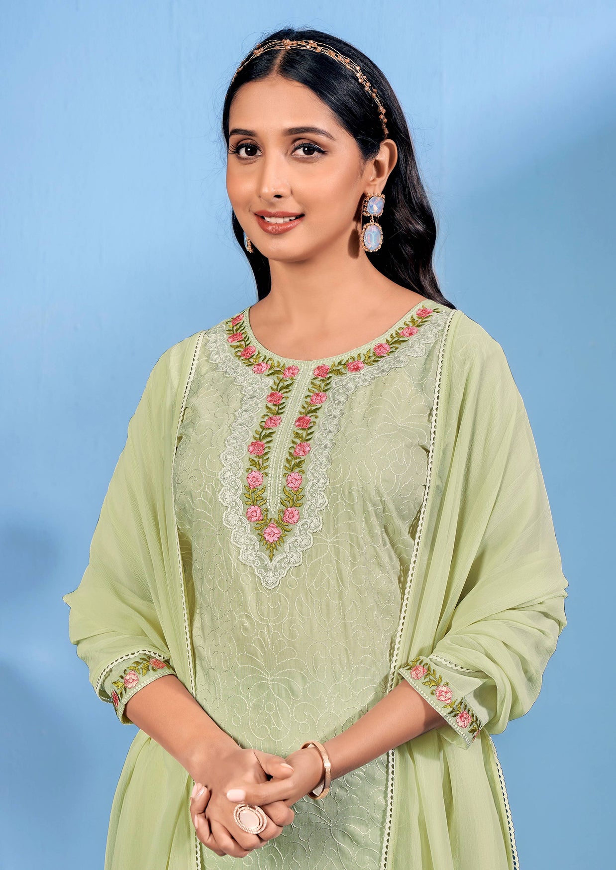 Laxmipati Bubbly Floral Embroidered Muslin Straight Kurta Set with Trousers & Dupatta in Pastel Green Color
