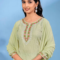 Laxmipati Bubbly Floral Embroidered Muslin Straight Kurta Set with Trousers & Dupatta in Pastel Green Color