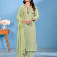 Laxmipati Bubbly Floral Embroidered Muslin Straight Kurta Set with Trousers & Dupatta in Pastel Green Color