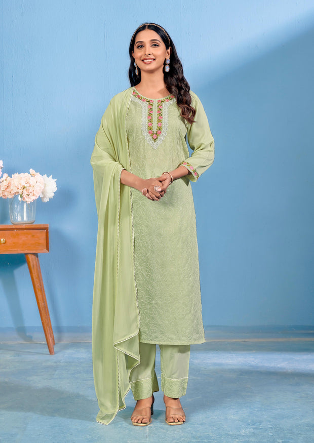 Laxmipati Bubbly Floral Embroidered Muslin Straight Kurta Set with Trousers & Dupatta in Pastel Green Color
