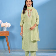 Laxmipati Bubbly Floral Embroidered Muslin Straight Kurta Set with Trousers & Dupatta in Pastel Green Color