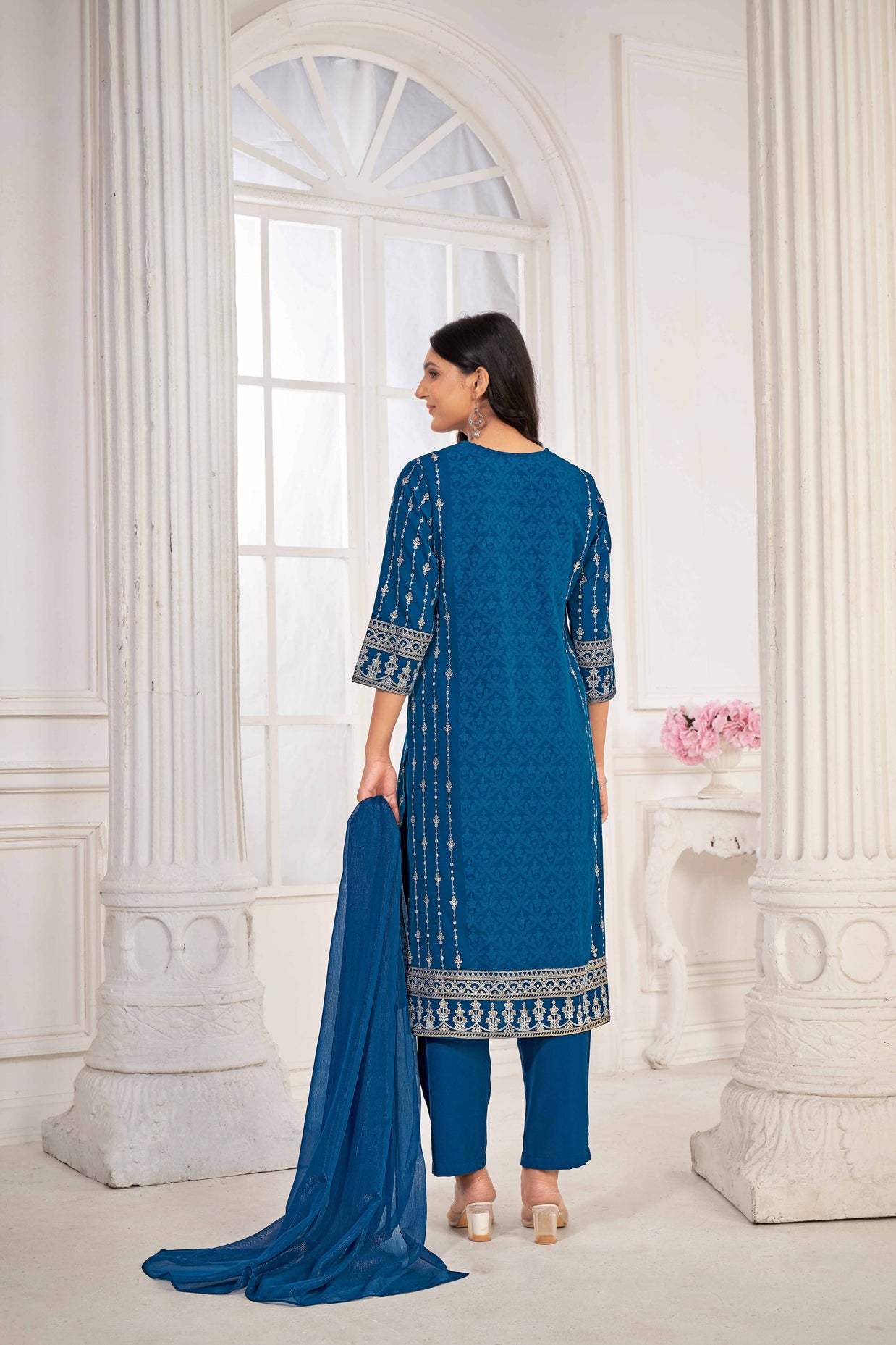 Blue Embroidered Straight Kurti with Pant and Dupatta Set - Sunheri
