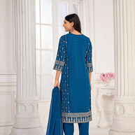 Blue Embroidered Straight Kurti with Pant and Dupatta Set - Sunheri