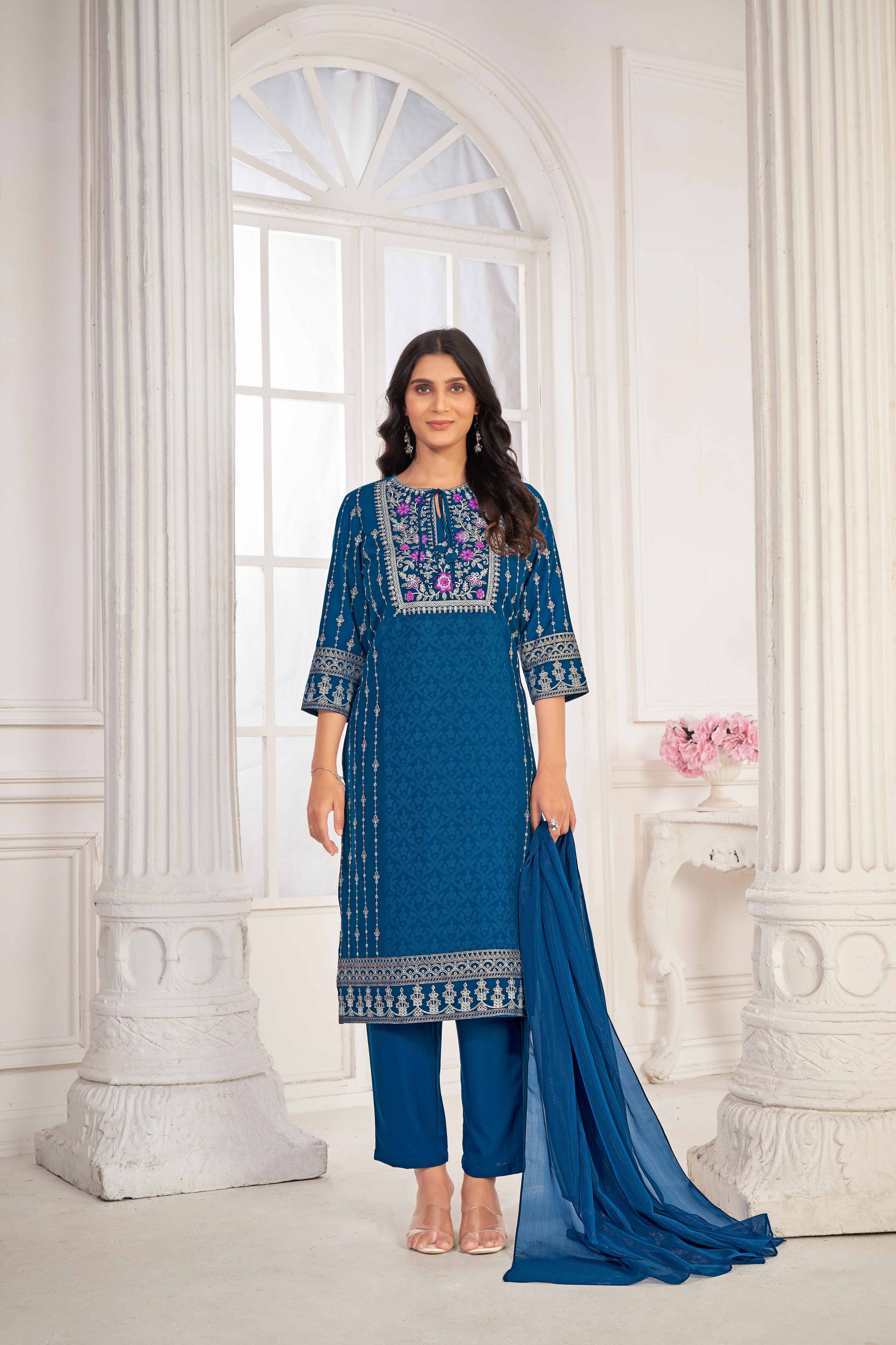 Blue Embroidered Straight Kurti with Pant and Dupatta Set - Sunheri