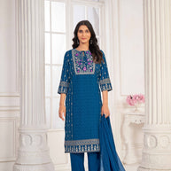 Blue Embroidered Straight Kurti with Pant and Dupatta Set - Sunheri