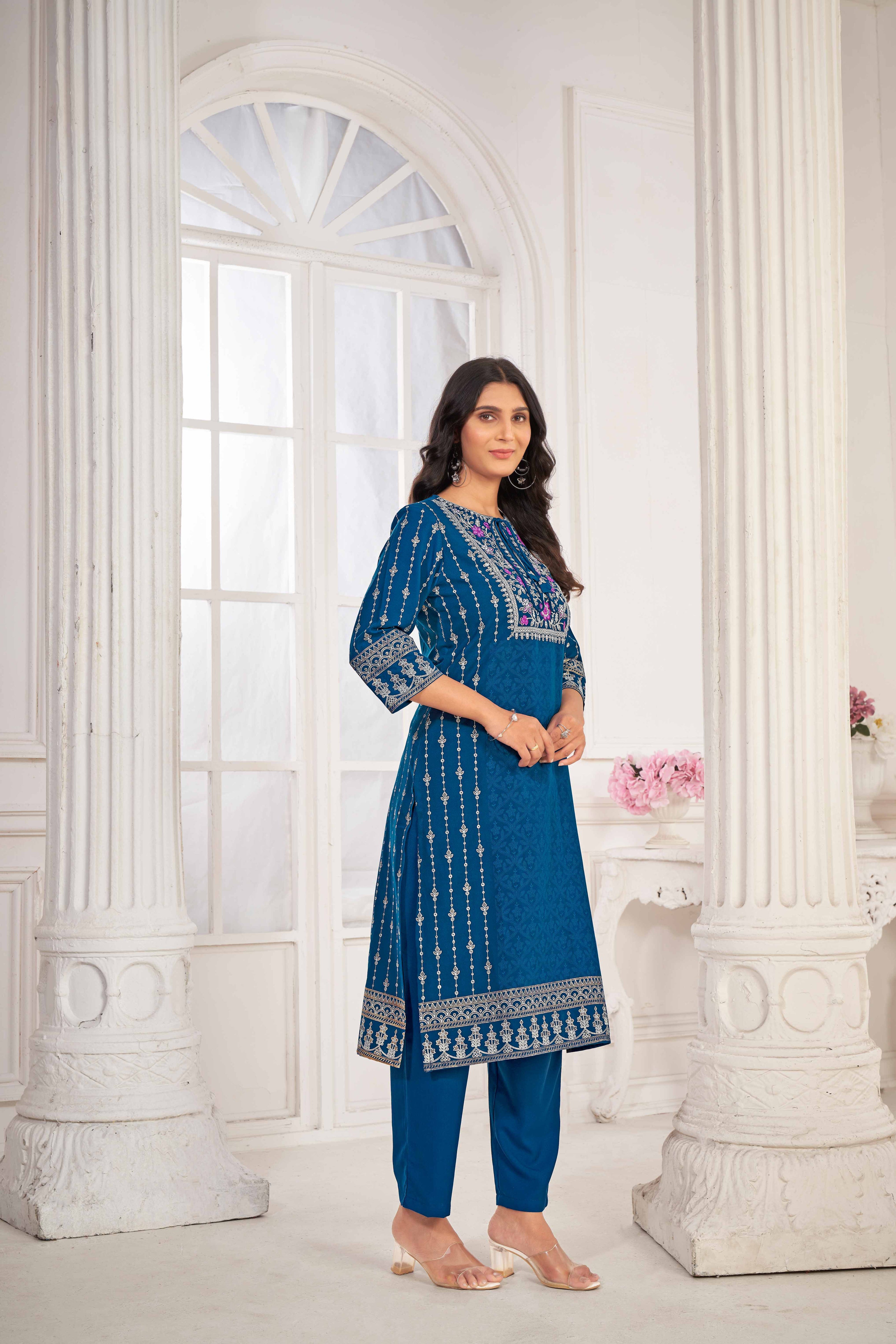 Blue Embroidered Straight Kurti with Pant and Dupatta Set - Sunheri
