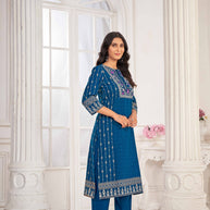 Blue Embroidered Straight Kurti with Pant and Dupatta Set - Sunheri