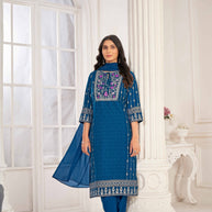 Blue Embroidered Straight Kurti with Pant and Dupatta Set - Sunheri