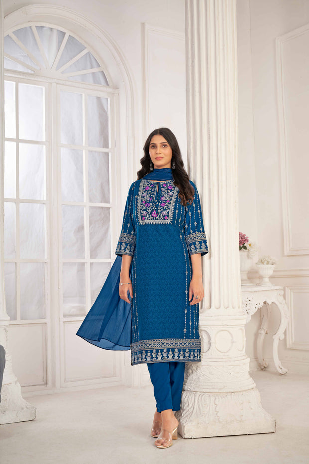 Blue Embroidered Straight Kurti with Pant and Dupatta Set - Sunheri