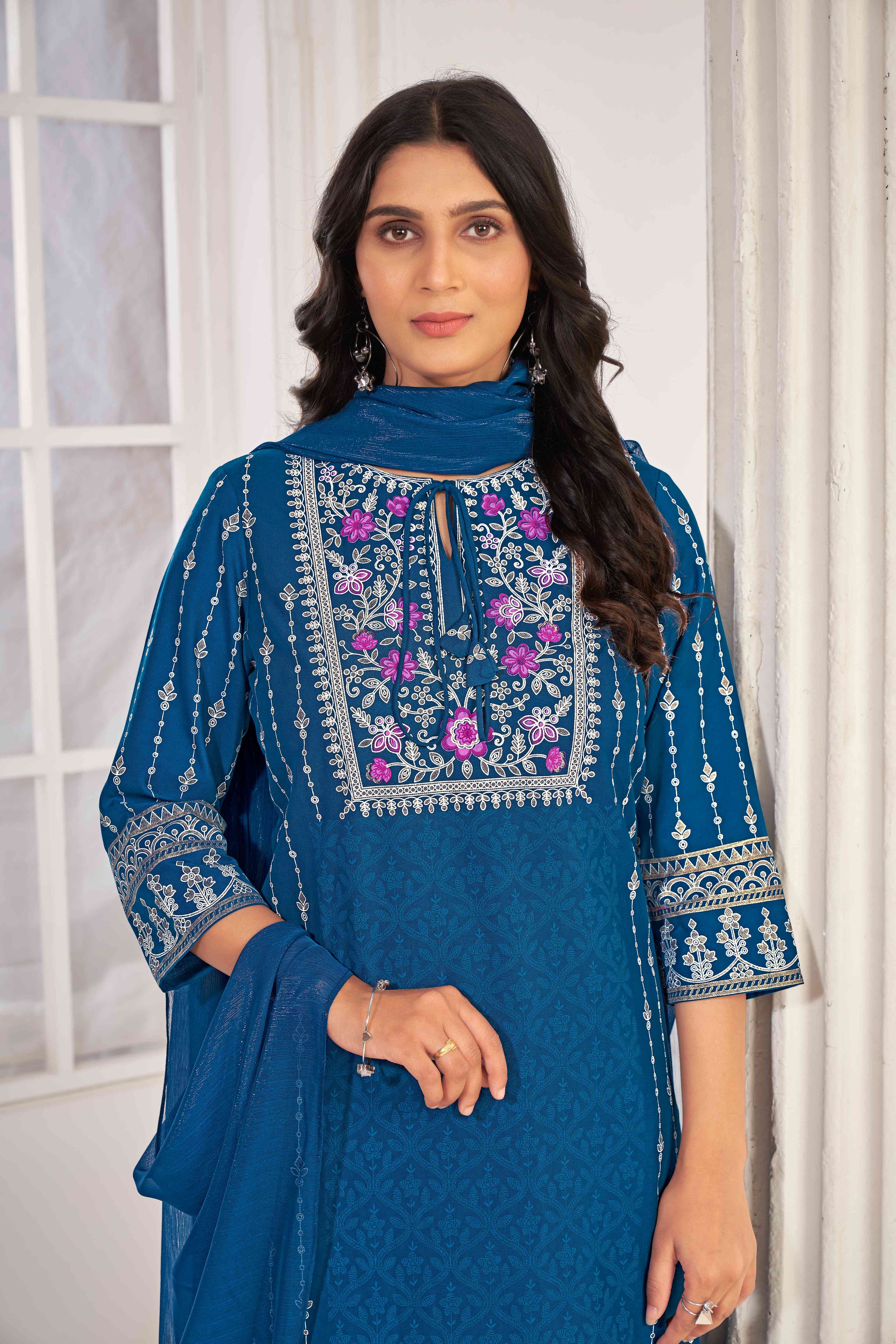 Blue Embroidered Straight Kurti with Pant and Dupatta Set - Sunheri