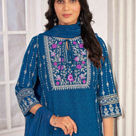 Blue Embroidered Straight Kurti with Pant and Dupatta Set - Sunheri