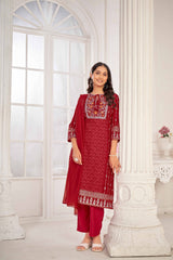 Red Embroidered Straight Kurti with Pant and Dupatta Set - Sunheri