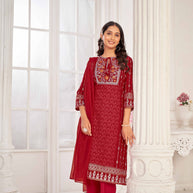Red Embroidered Straight Kurti with Pant and Dupatta Set - Sunheri