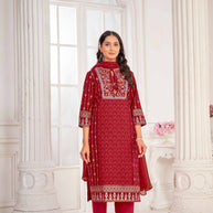 Red Embroidered Straight Kurti with Pant and Dupatta Set - Sunheri