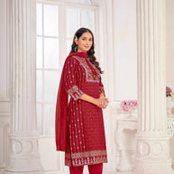 Red Embroidered Straight Kurti with Pant and Dupatta Set - Sunheri