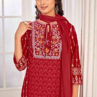Red Embroidered Straight Kurti with Pant and Dupatta Set - Sunheri