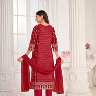Red Embroidered Straight Kurti with Pant and Dupatta Set - Sunheri