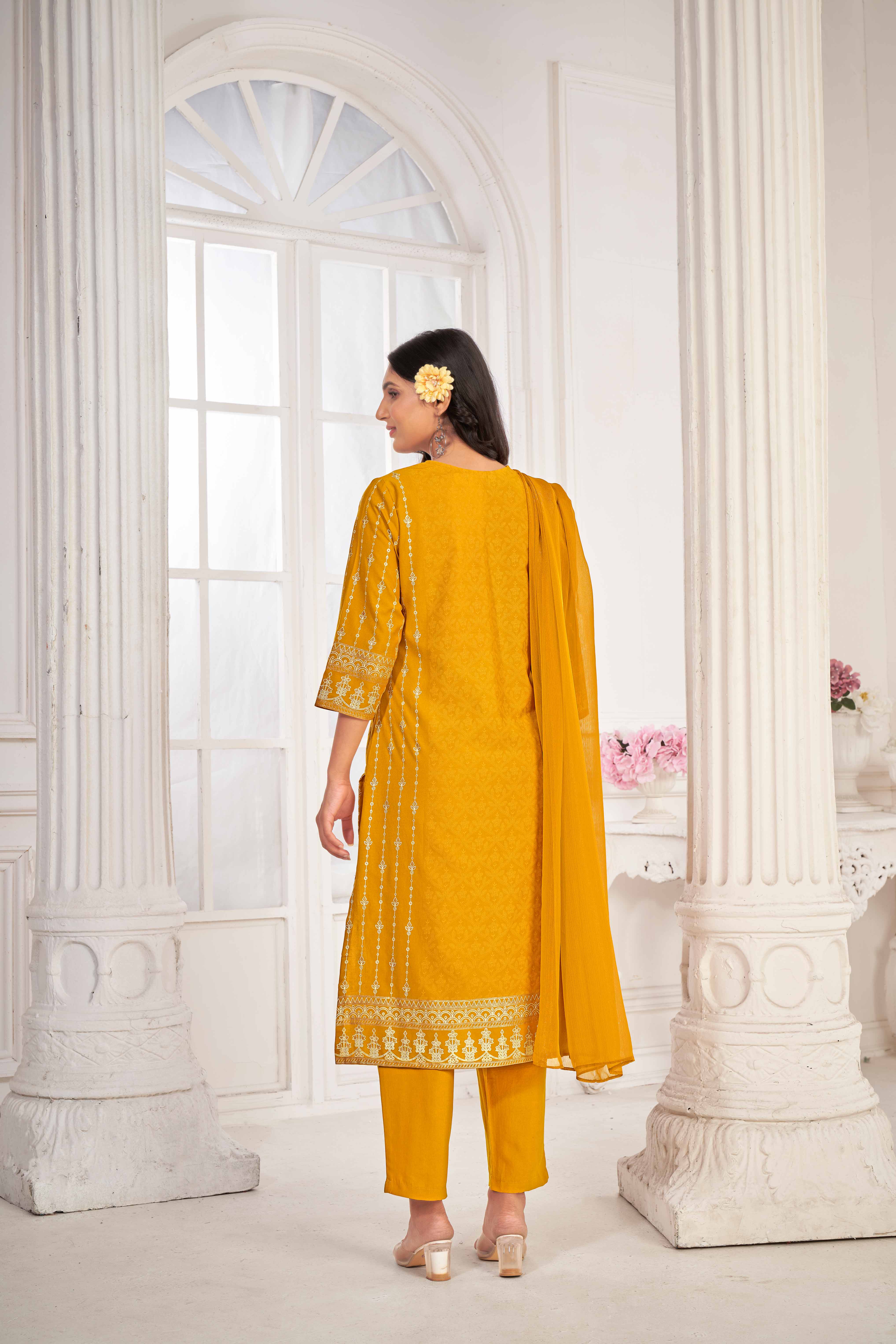 Yellow Embroidered Straight Kurti  with Pant and Dupatta Set - Sunheri